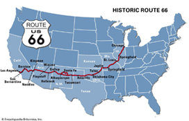 Picture of a map of the USA and Route 66 road on it.