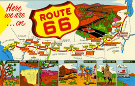 Poster stype picture of the US map with a road side sign of the Road 66 on it.